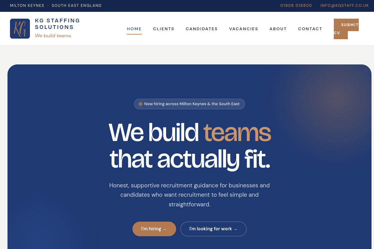Screenshot of the KG Staffing Solutions website